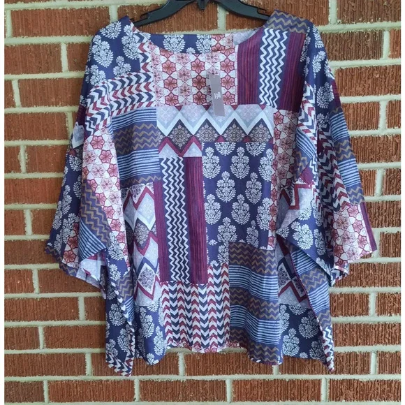 NWT Pure J Jill 100% Organic Cotton Boho Patchwork Dolman Sleeves Blouse Top XL - Picture 1 of 10